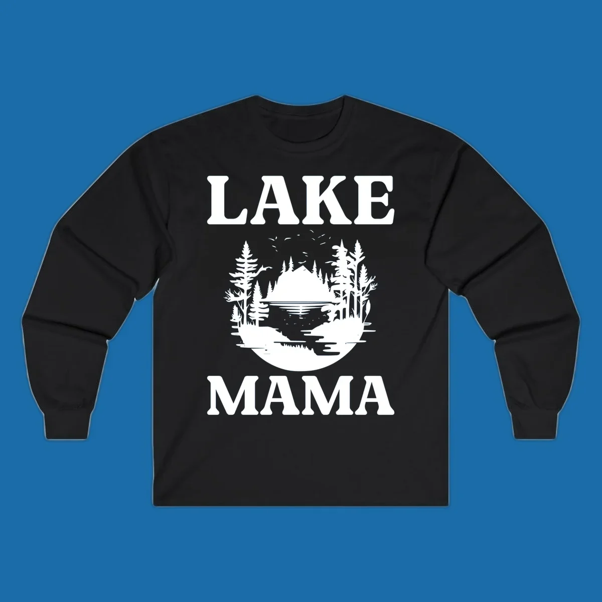 Lake Mama nature scene with trees, lake, and mountains silhouette.