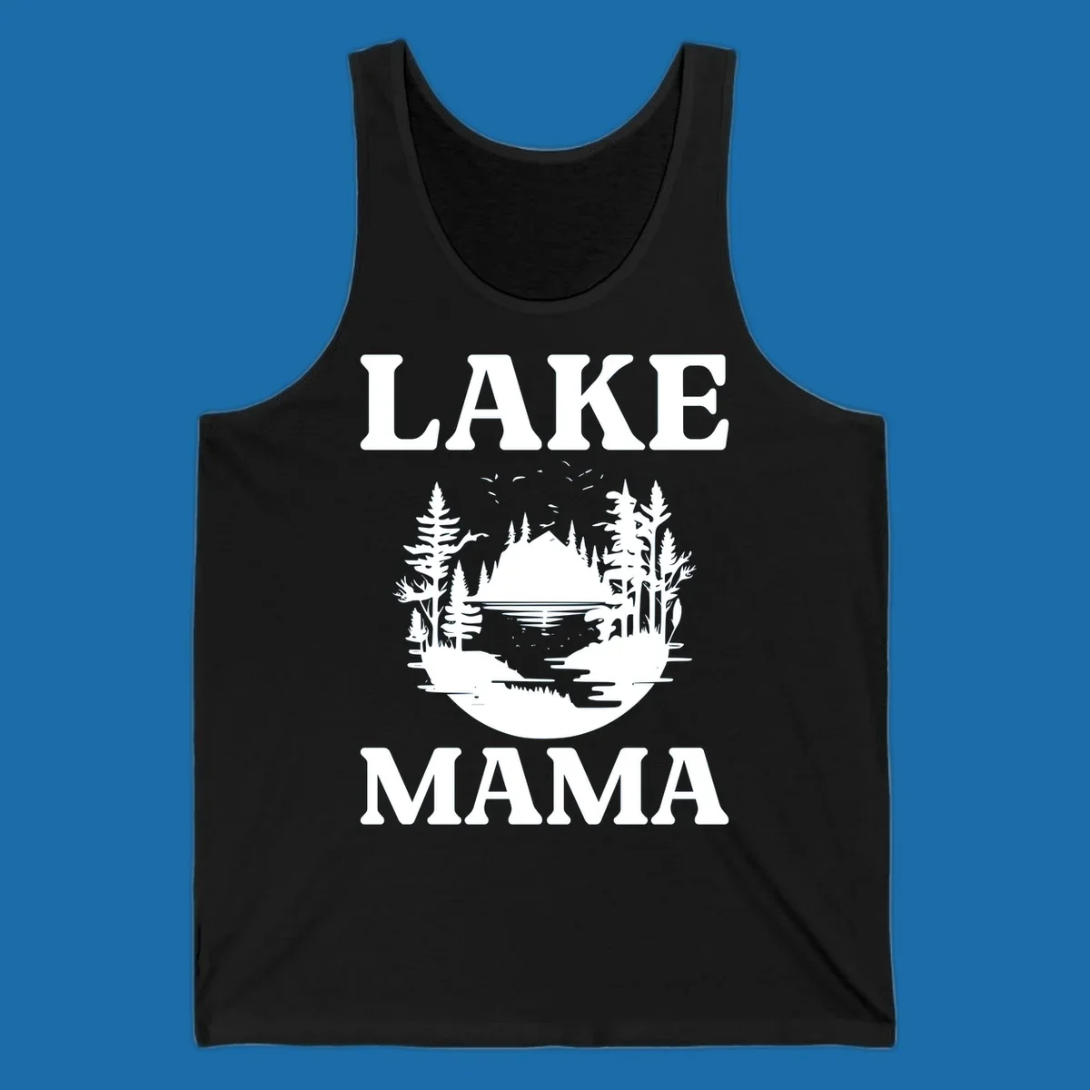Lake Mama nature scene with trees, lake, and mountains silhouette.