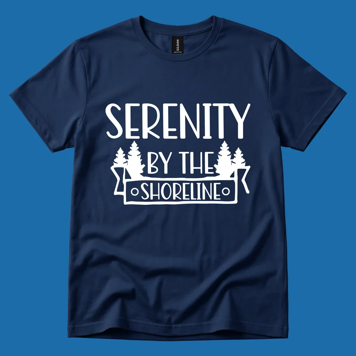 Serenity By The Shoreline text with pine trees and banner