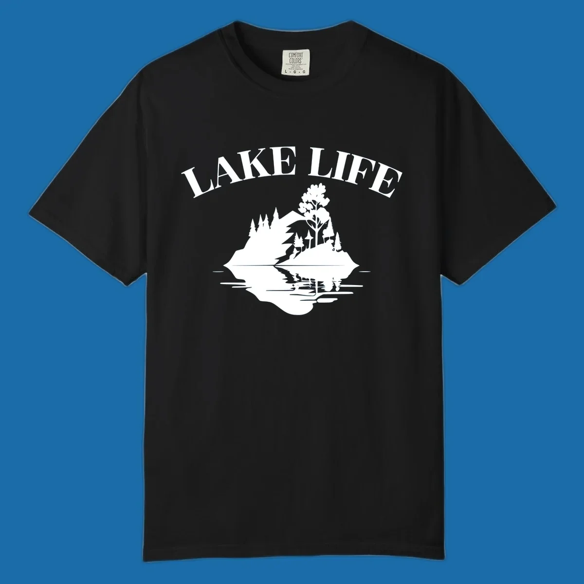 Lake life mountain reflection graphic with text LAKE LIFE