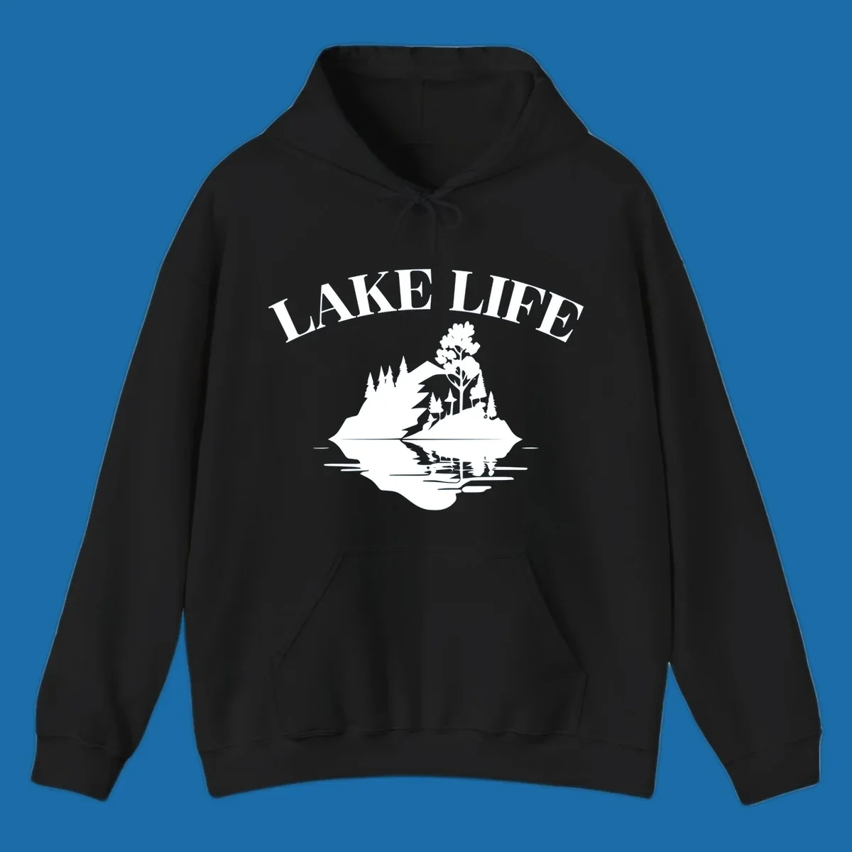 Lake life mountain reflection graphic with text LAKE LIFE