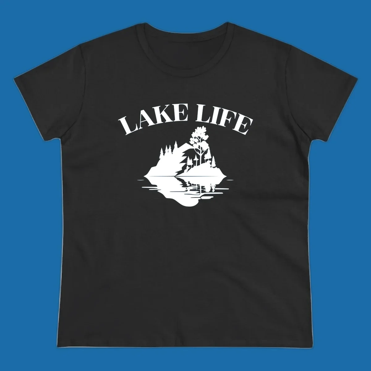 Lake life mountain reflection graphic with text LAKE LIFE