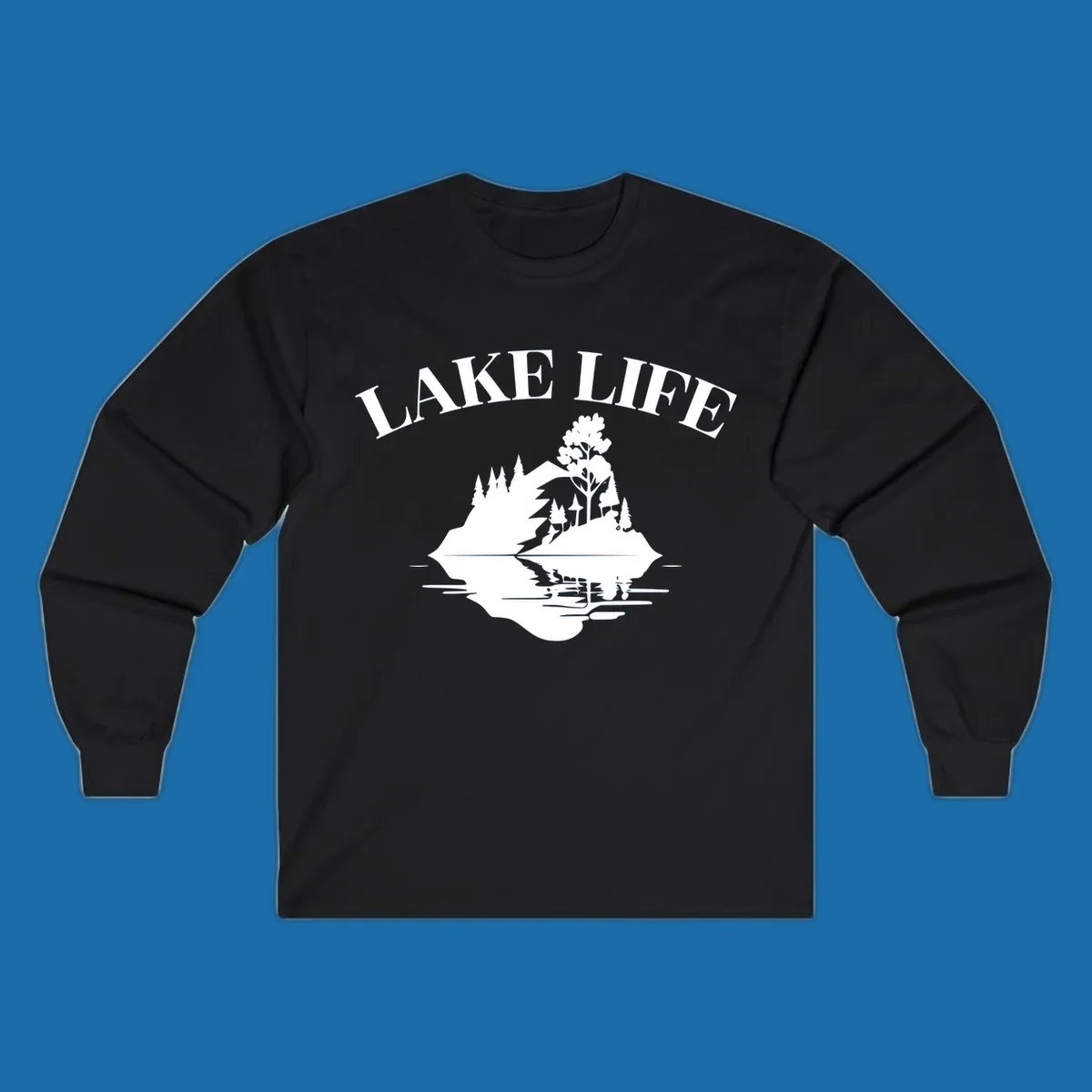 Lake life mountain reflection graphic with text LAKE LIFE