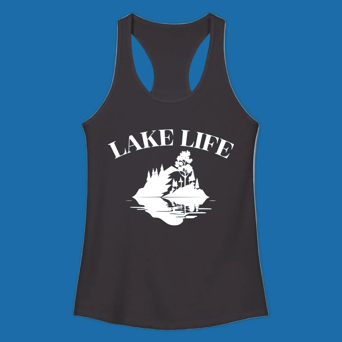Lake life mountain reflection graphic with text LAKE LIFE