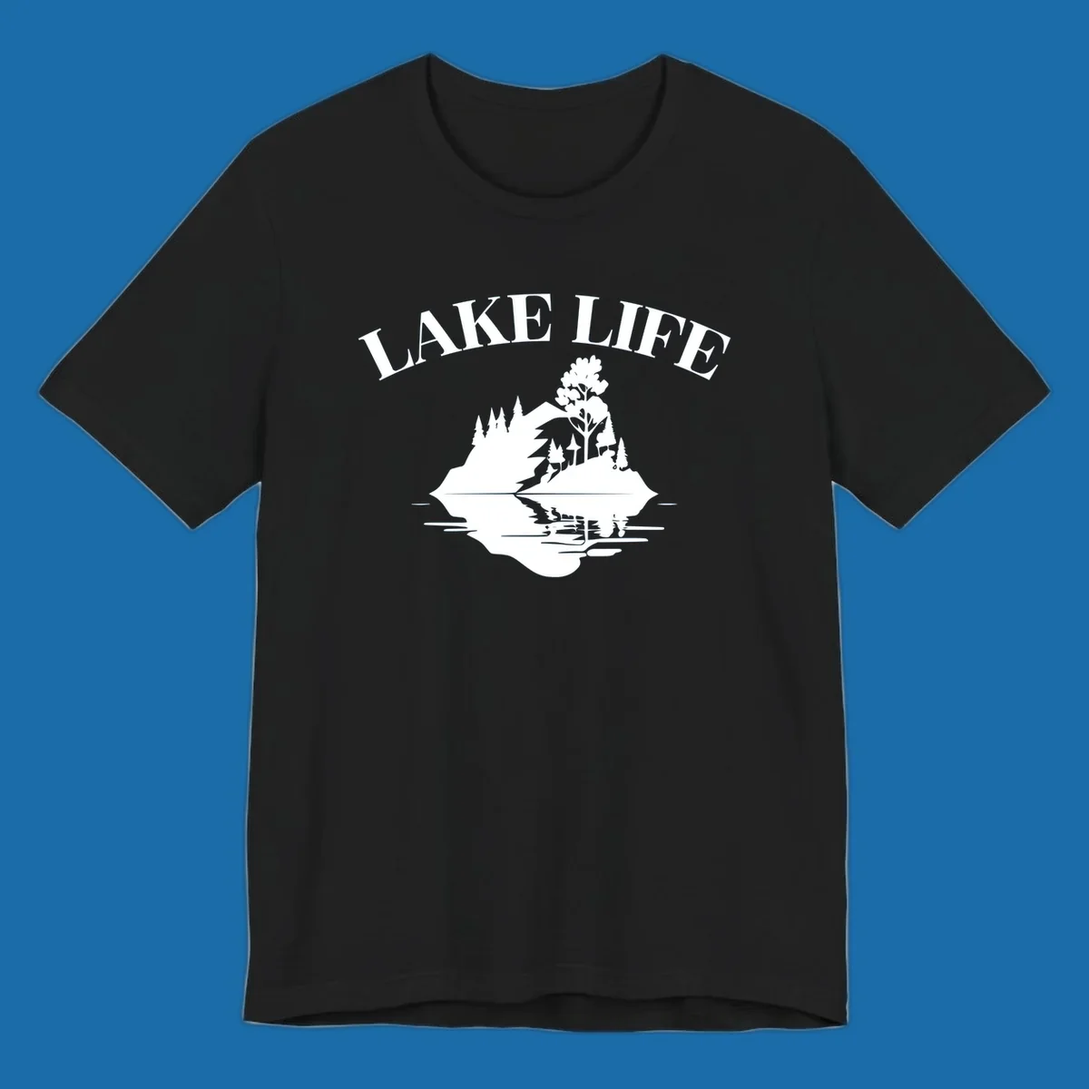 Lake life mountain reflection graphic with text LAKE LIFE