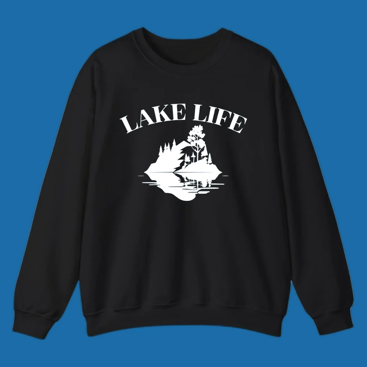 Lake life mountain reflection graphic with text LAKE LIFE