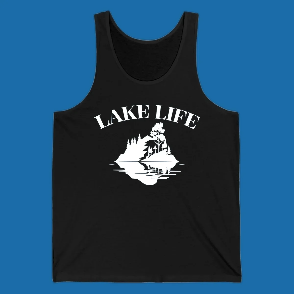 Lake life mountain reflection graphic with text LAKE LIFE
