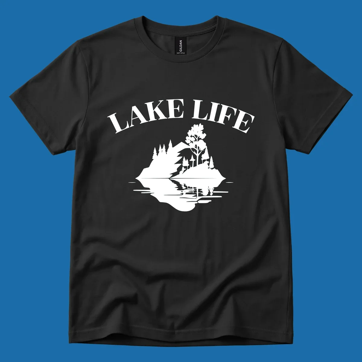 Lake life mountain reflection graphic with text LAKE LIFE