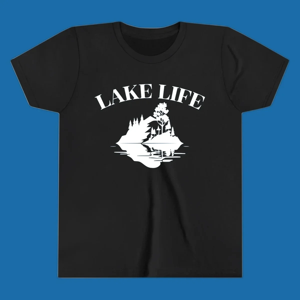 Lake life mountain reflection graphic with text LAKE LIFE