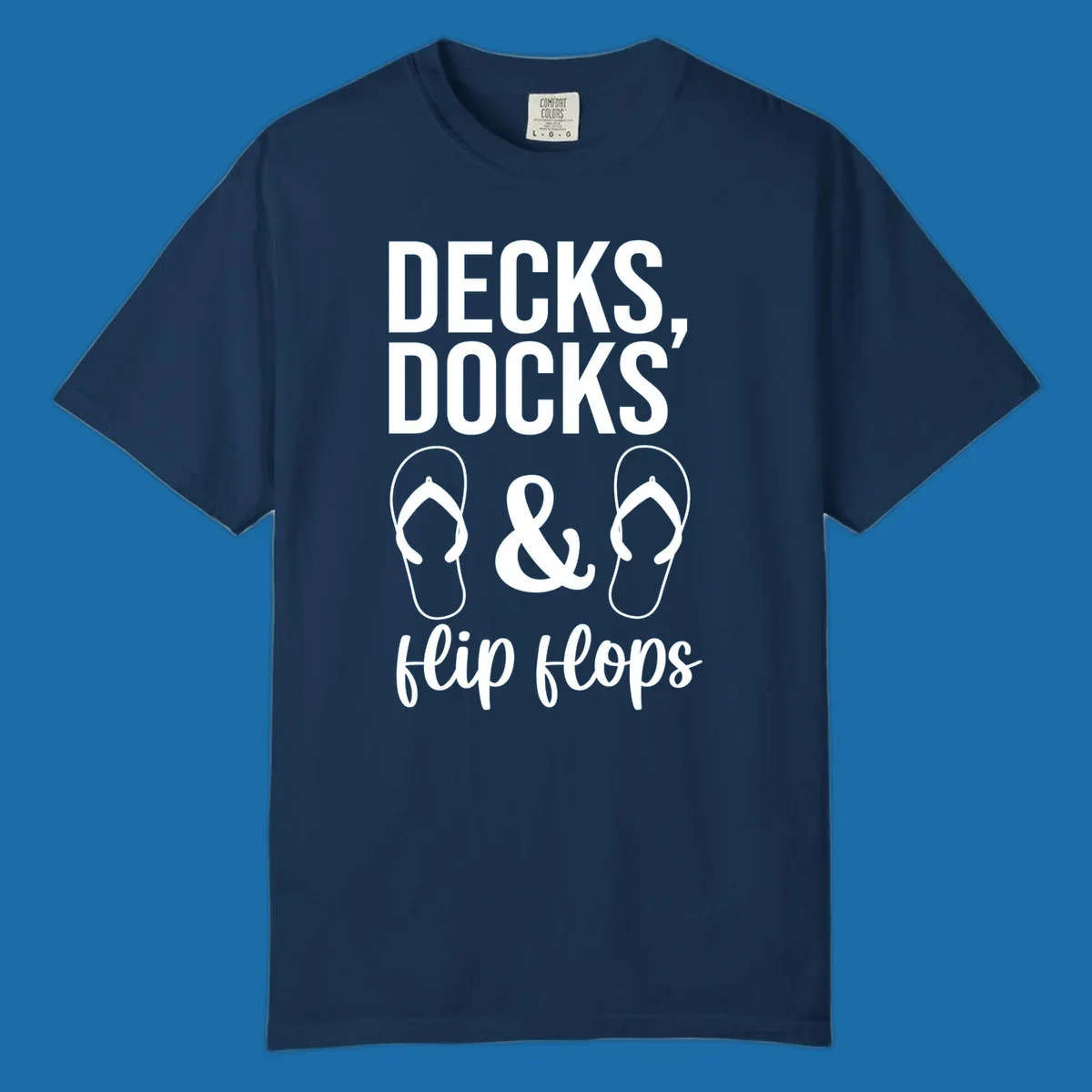 Decks Docks and Flip Flops text and icons for lake day.
