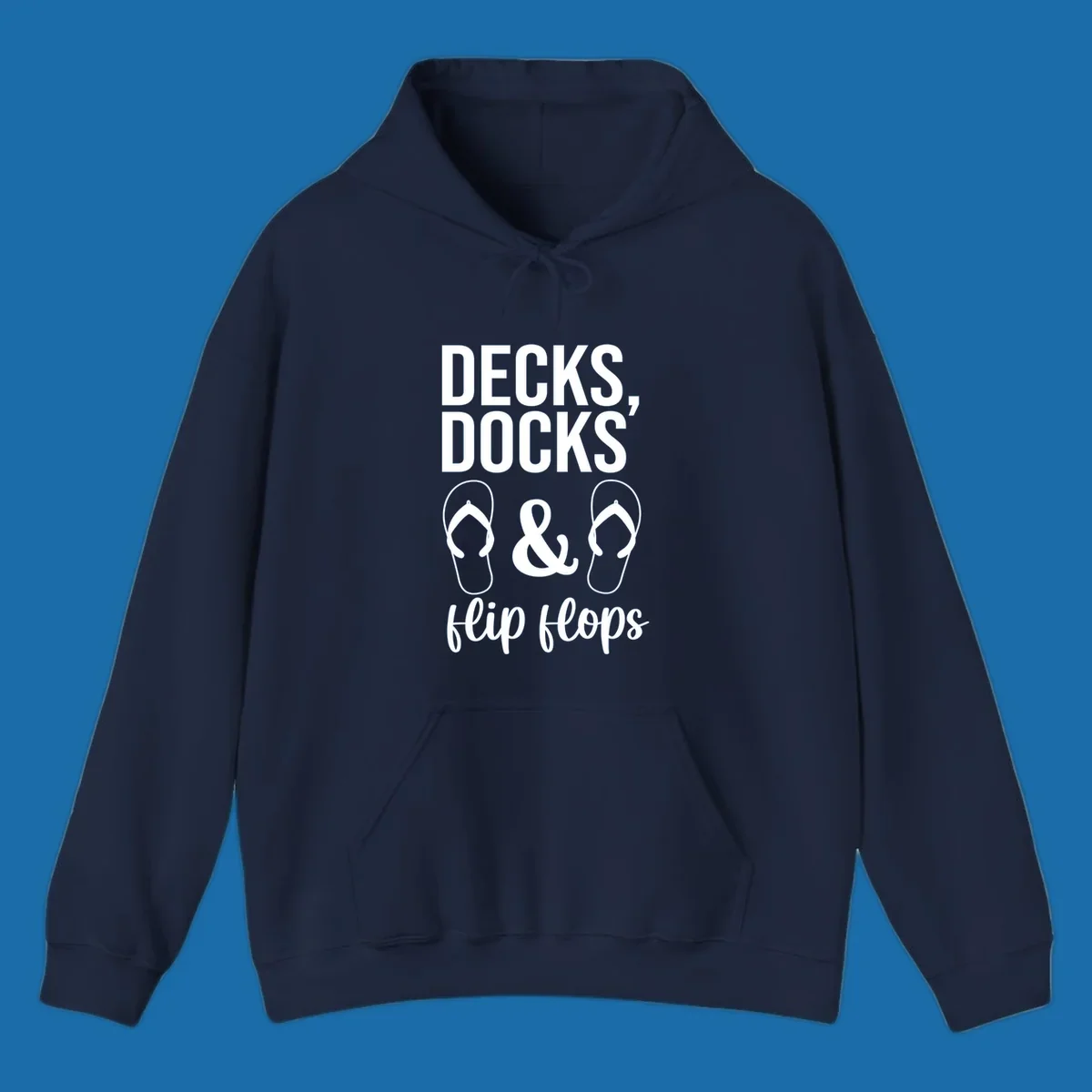Decks Docks and Flip Flops text and icons for lake day.