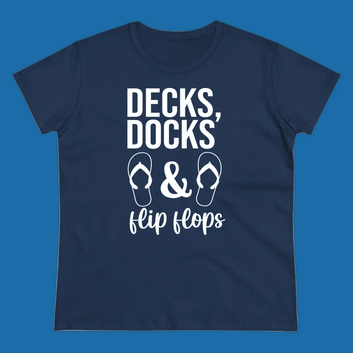 Decks Docks and Flip Flops text and icons for lake day.