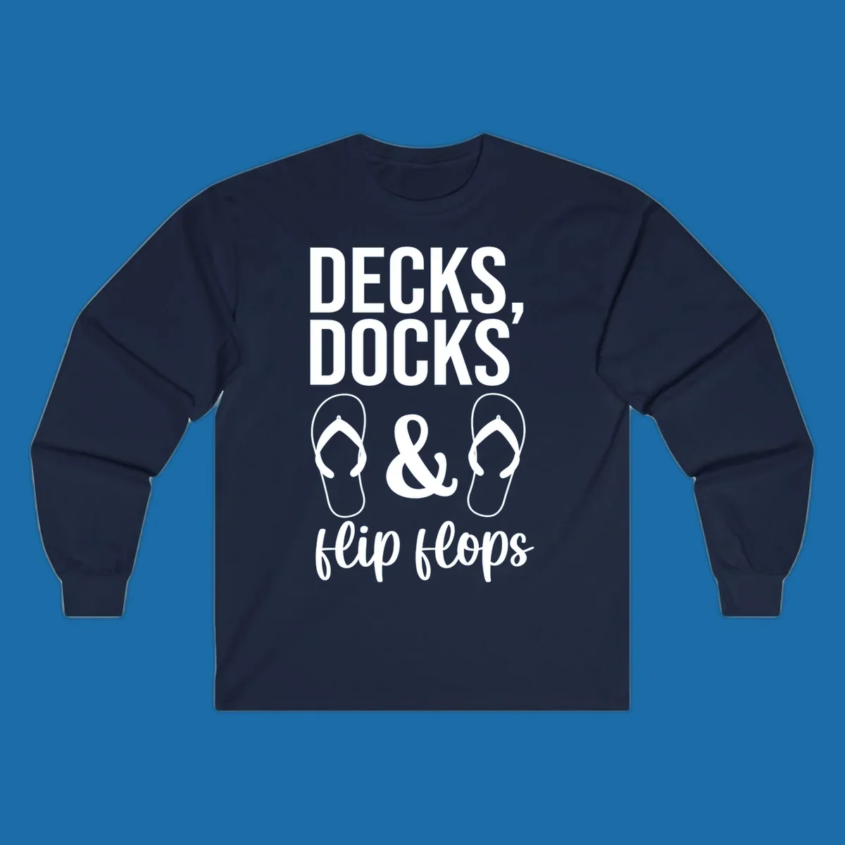 Decks Docks and Flip Flops text and icons for lake day.