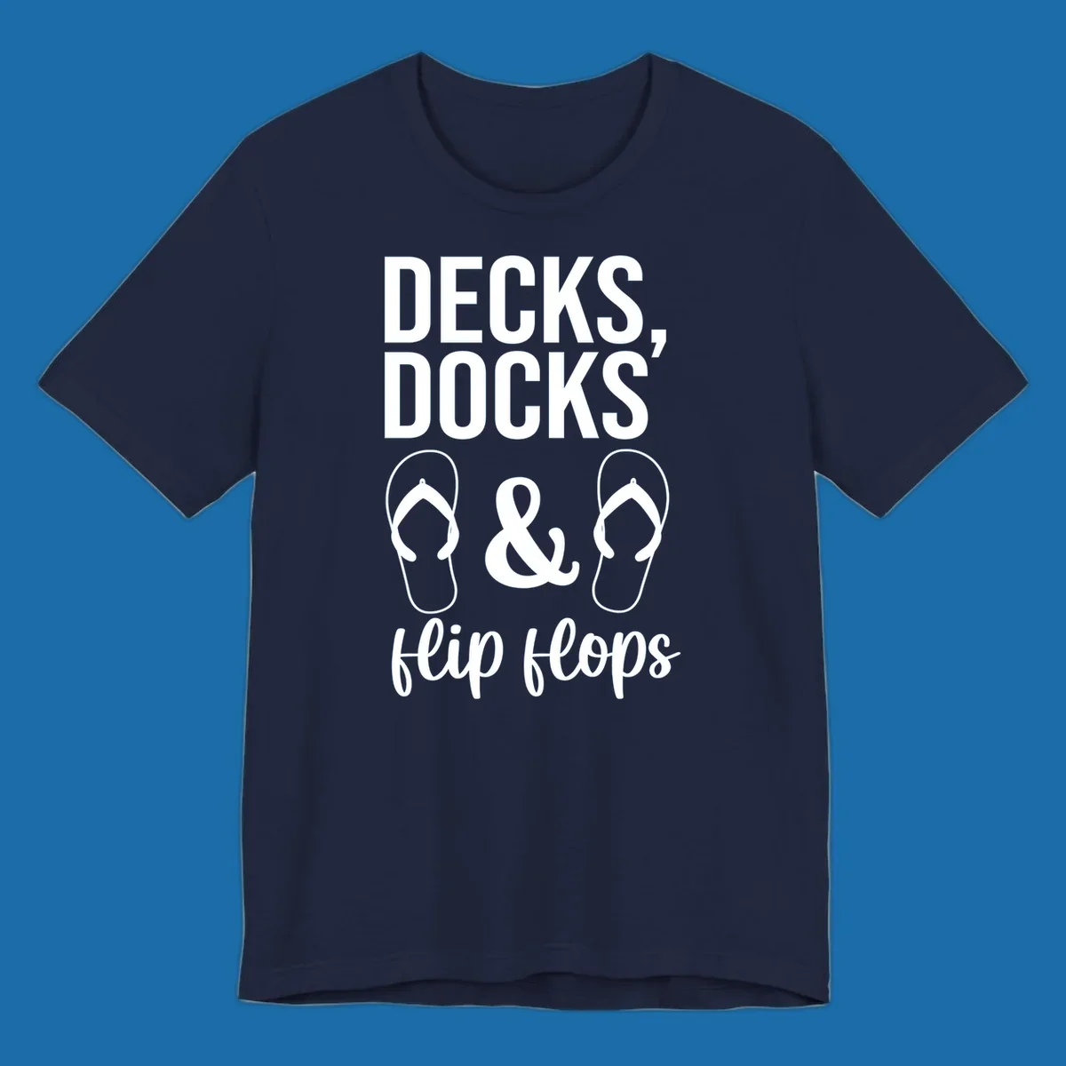 Decks Docks and Flip Flops text and icons for lake day.