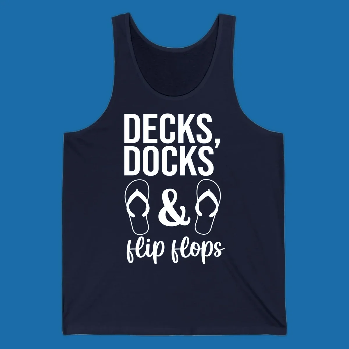 Decks Docks and Flip Flops text and icons for lake day.