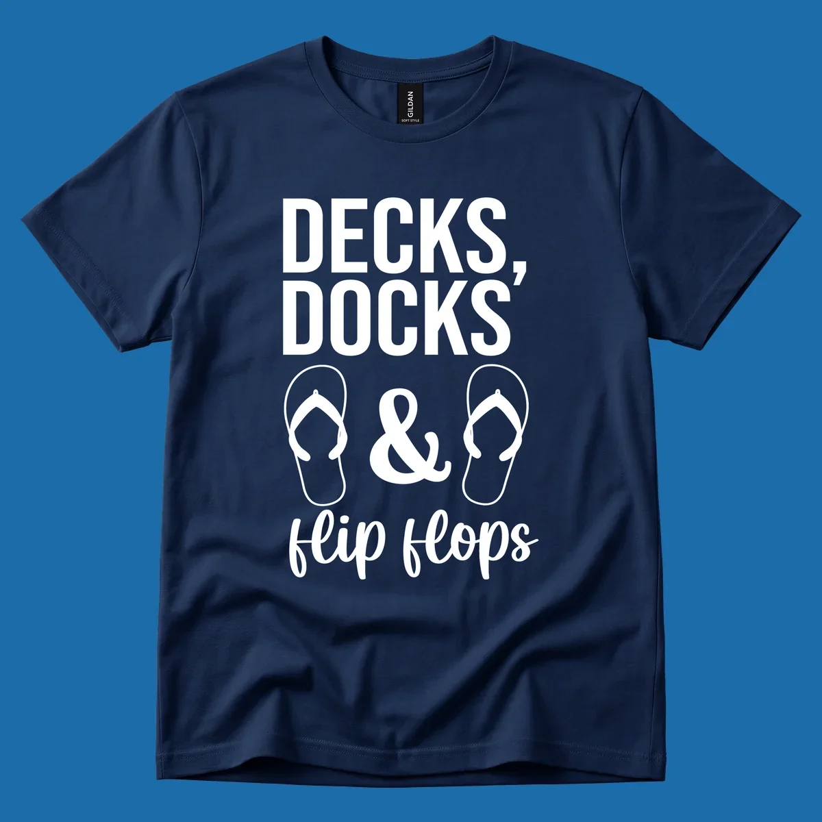 Decks Docks and Flip Flops text and icons for lake day.