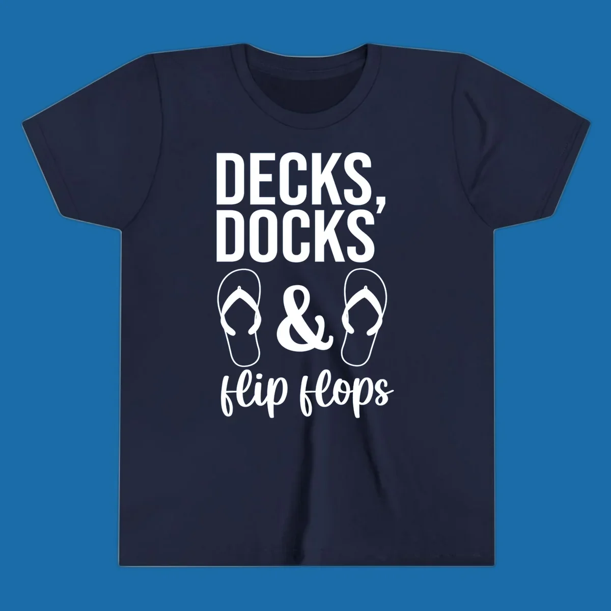 Decks Docks and Flip Flops text and icons for lake day.