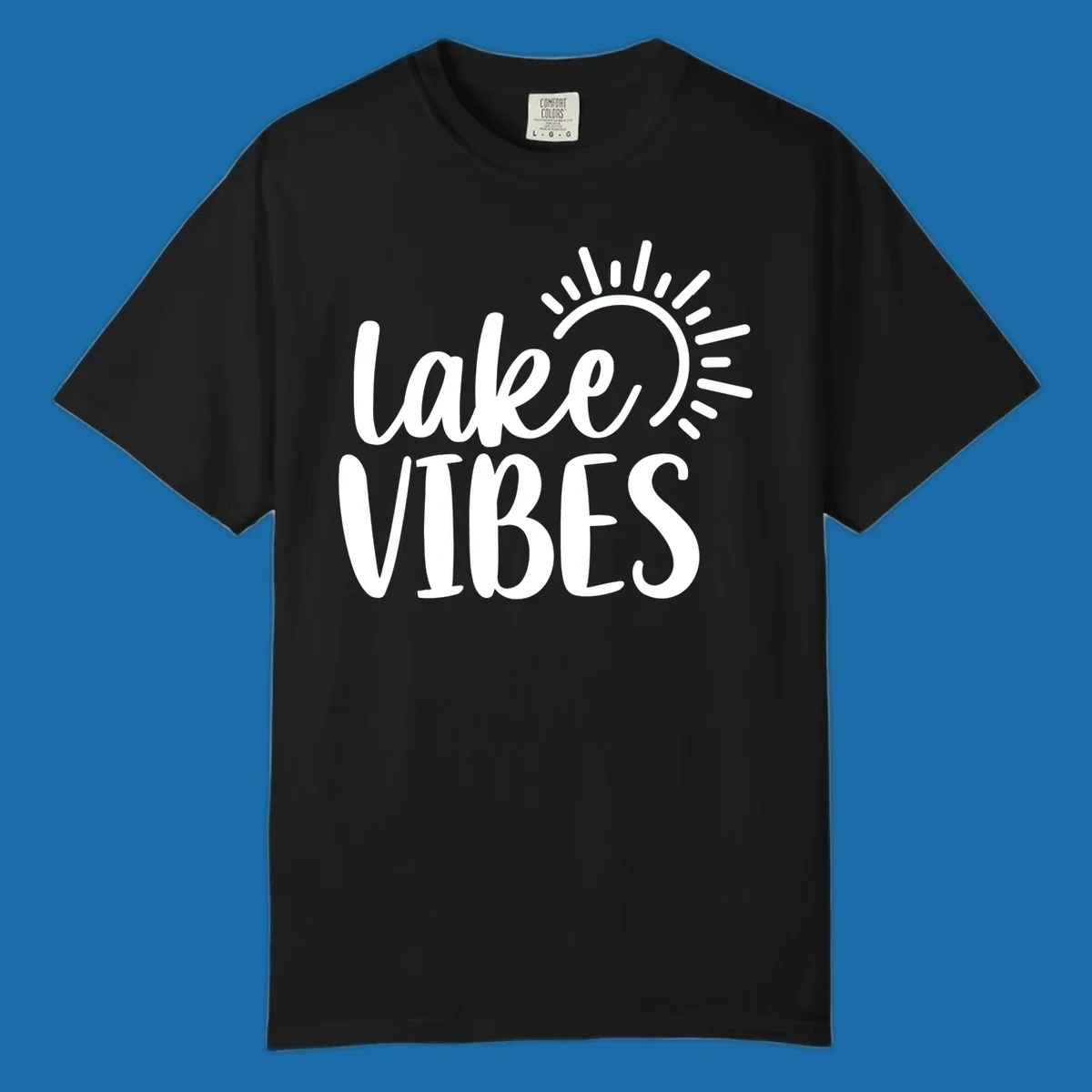 Lake Vibes text with a stylized sun graphic. Lake-life summer design.