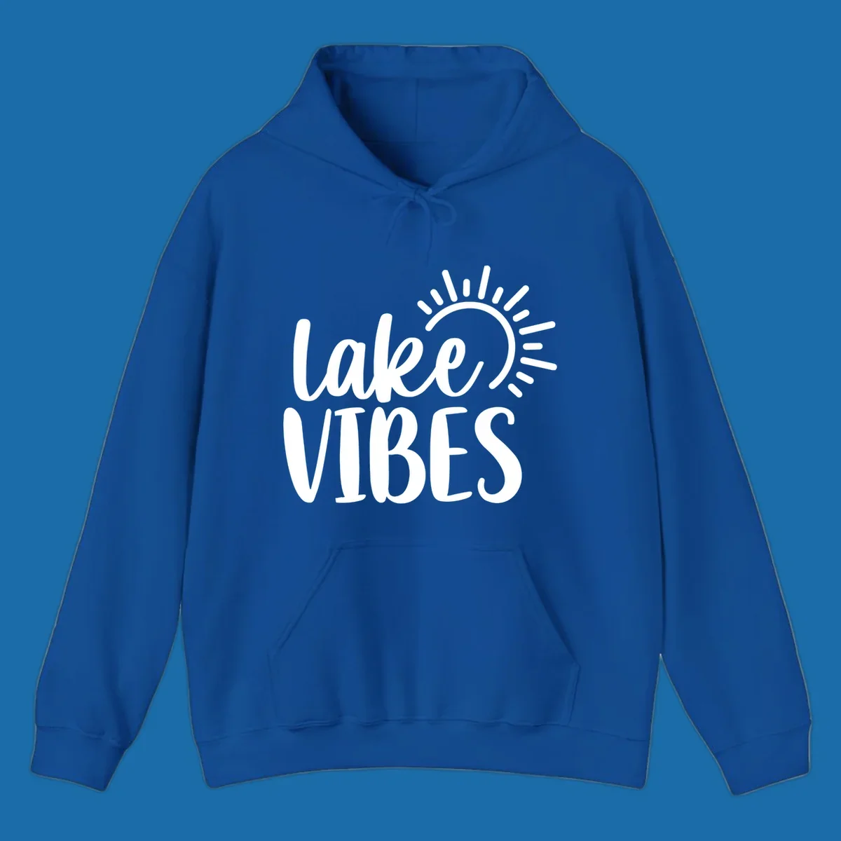 Lake Vibes text with a stylized sun graphic. Lake-life summer design.