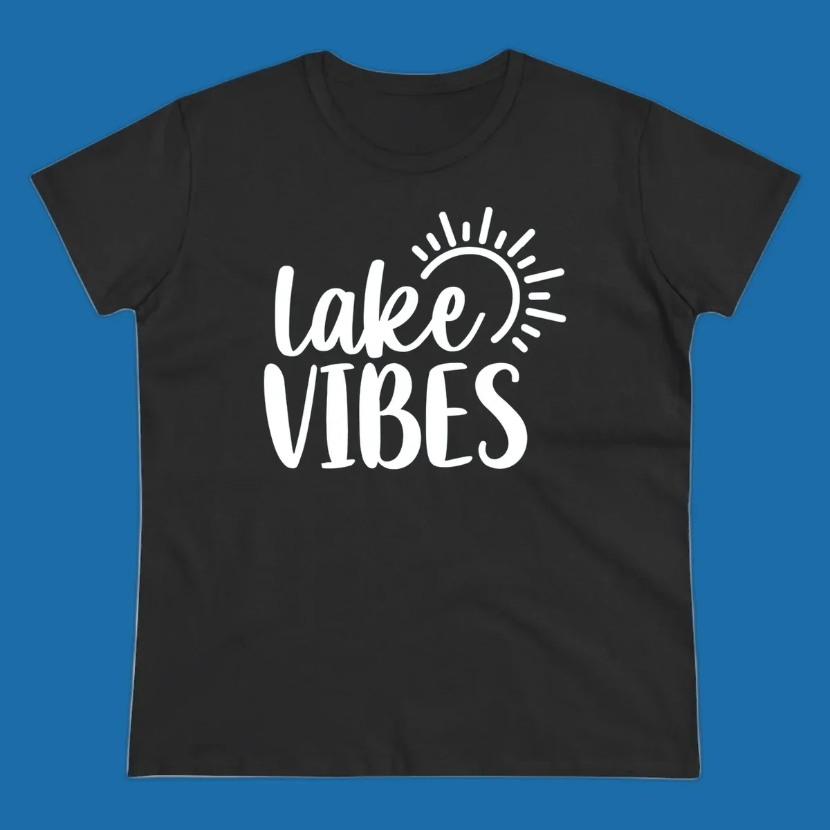 Lake Vibes text with a stylized sun graphic. Lake-life summer design.