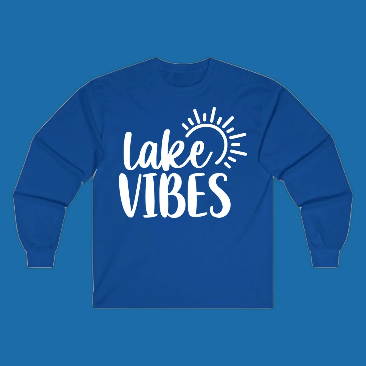 Lake Vibes text with a stylized sun graphic. Lake-life summer design.