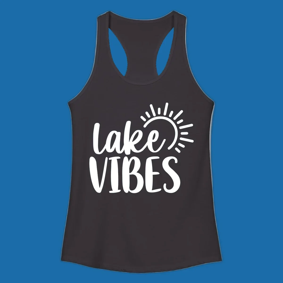 Lake Vibes text with a stylized sun graphic. Lake-life summer design.