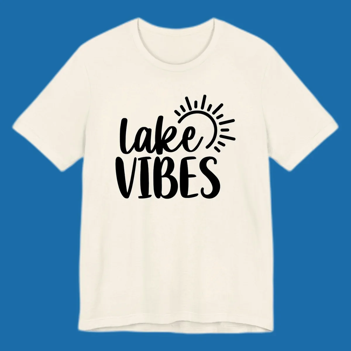 Lake Vibes text with a stylized sun graphic. Lake-life summer design.