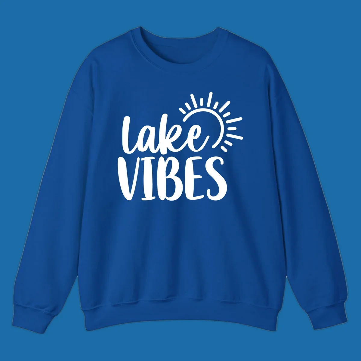 Lake Vibes text with a stylized sun graphic. Lake-life summer design.
