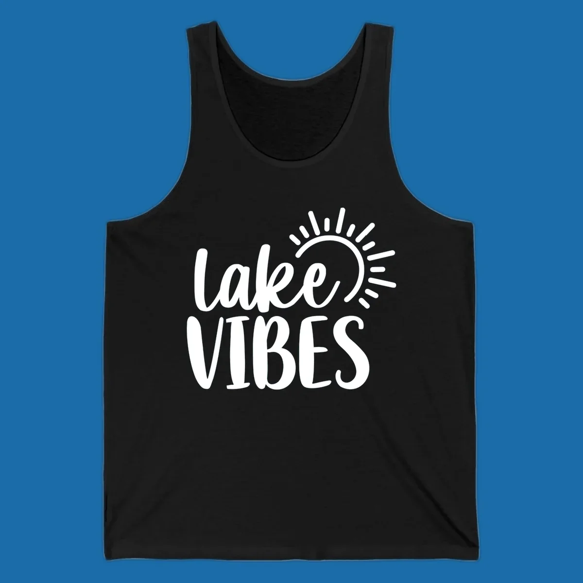 Lake Vibes text with a stylized sun graphic. Lake-life summer design.