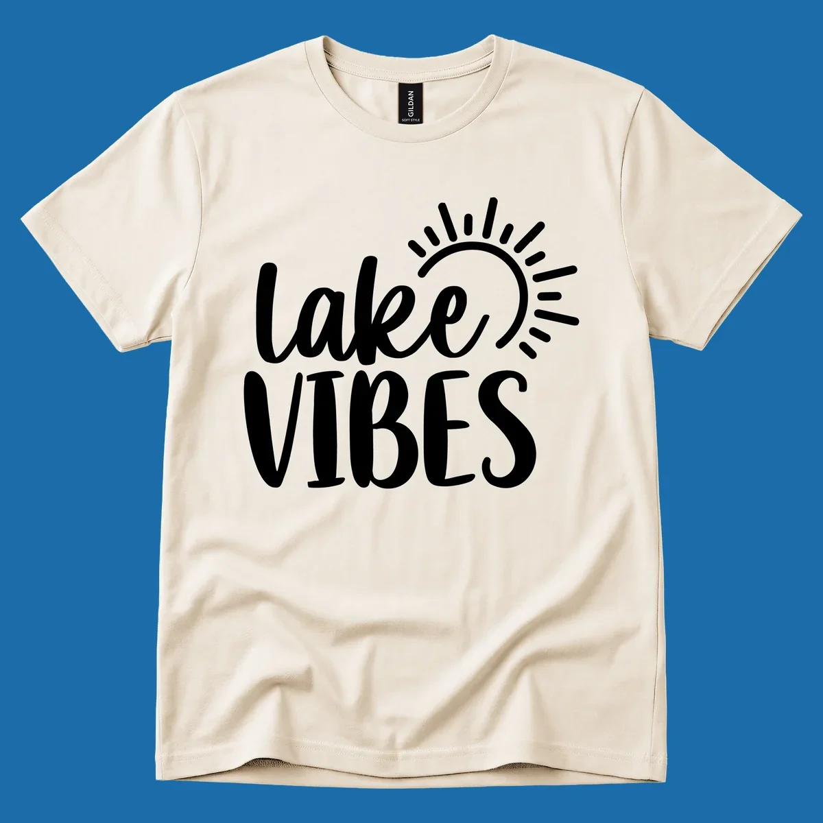Lake Vibes text with a stylized sun graphic. Lake-life summer design.