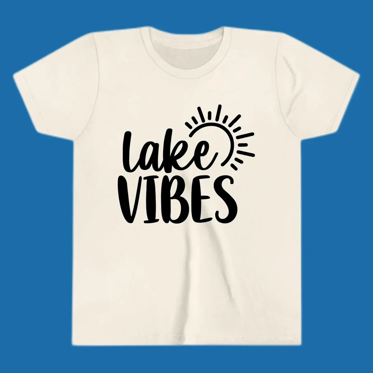 Lake Vibes text with a stylized sun graphic. Lake-life summer design.