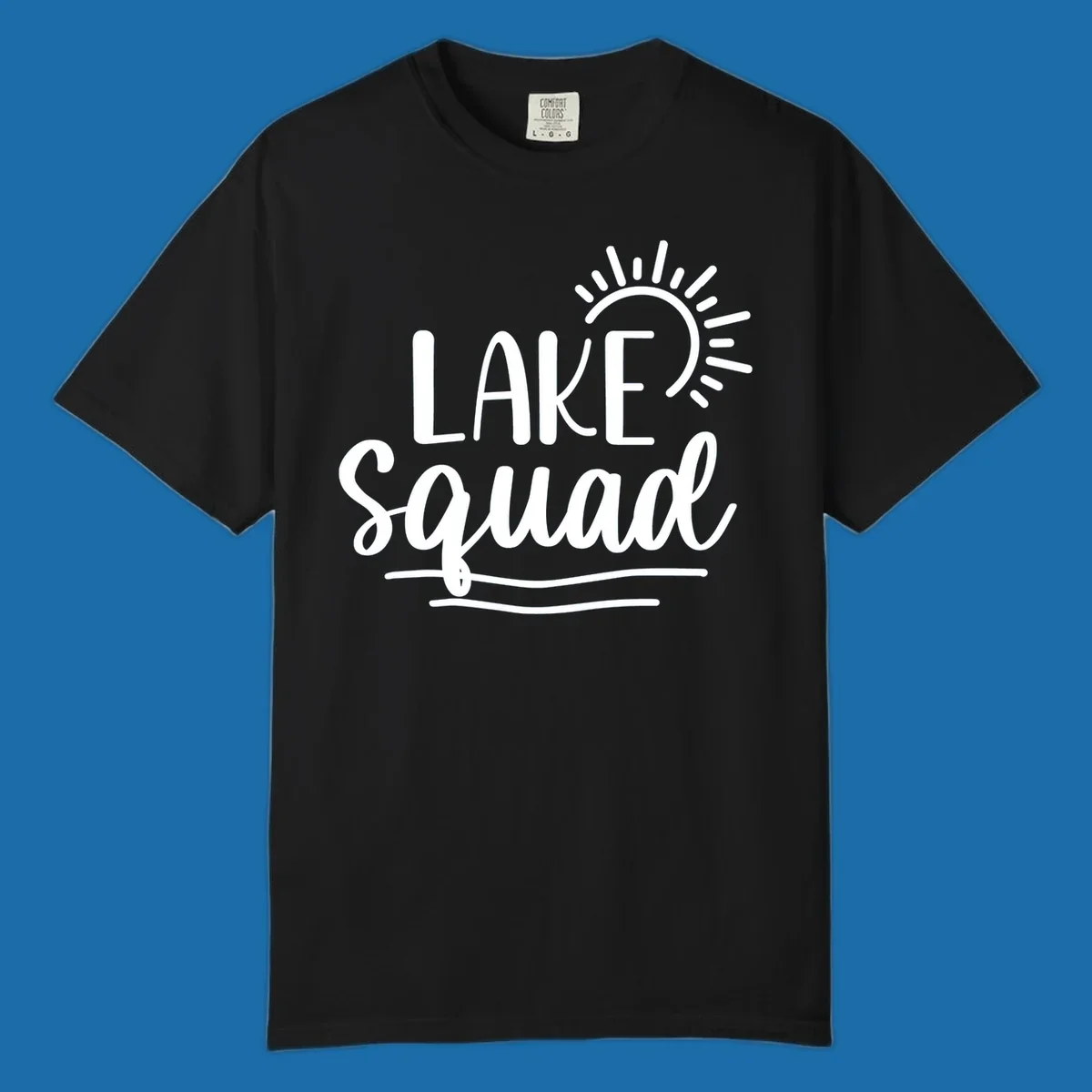 Lake squad summer vibes graphic with sun and text.