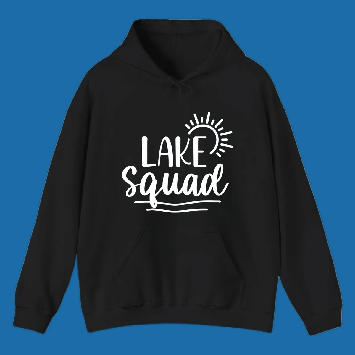Lake squad summer vibes graphic with sun and text.