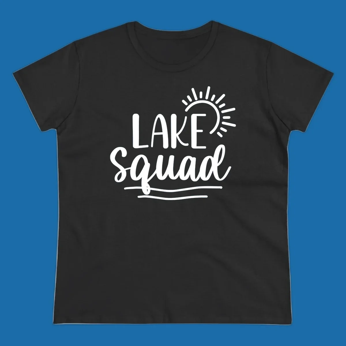 Lake squad summer vibes graphic with sun and text.