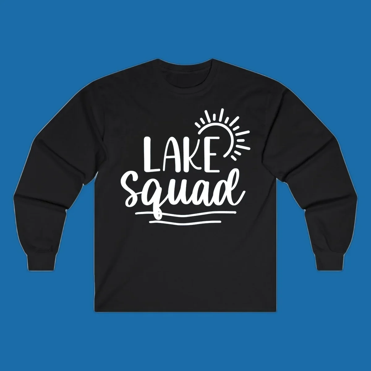 Lake squad summer vibes graphic with sun and text.