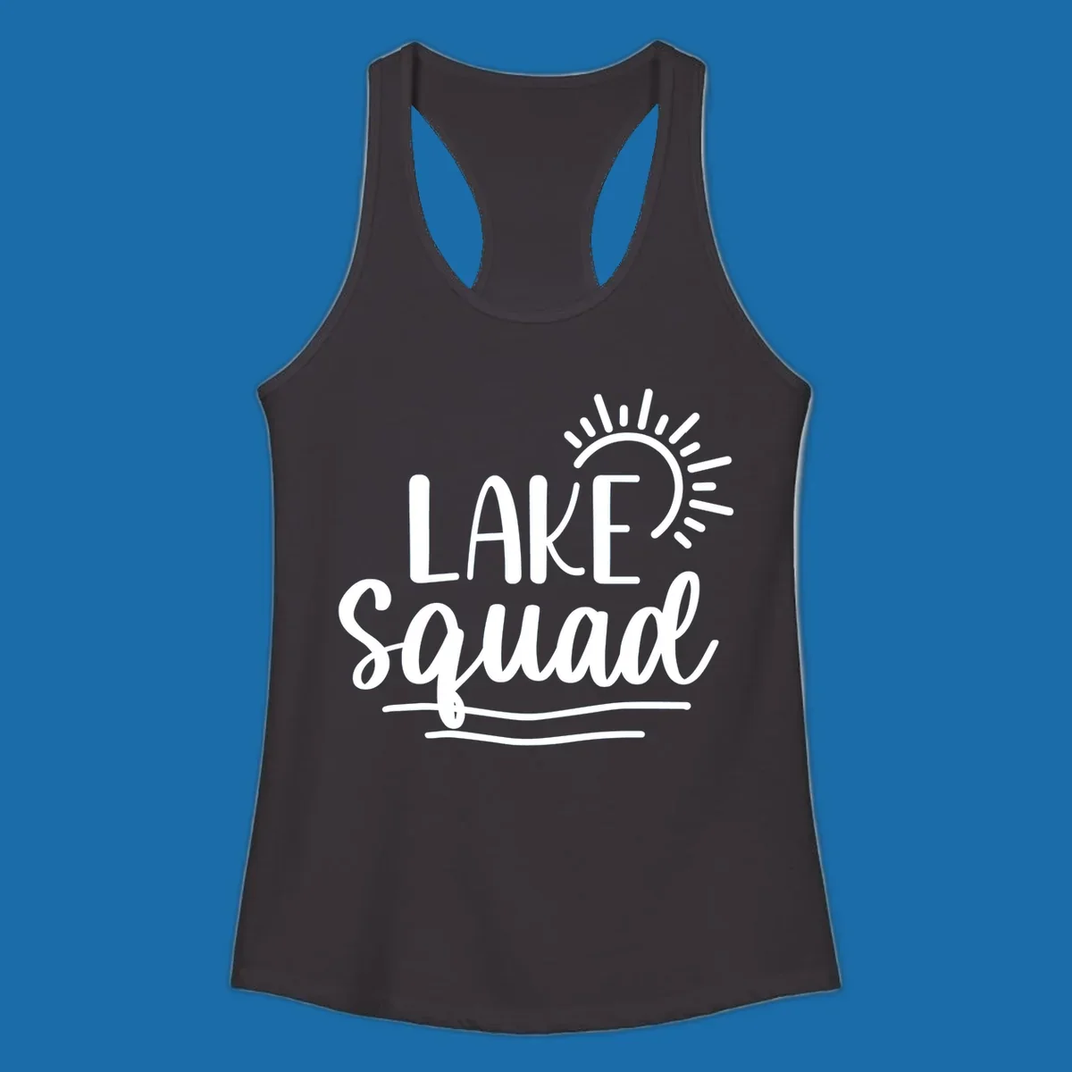 Lake squad summer vibes graphic with sun and text.