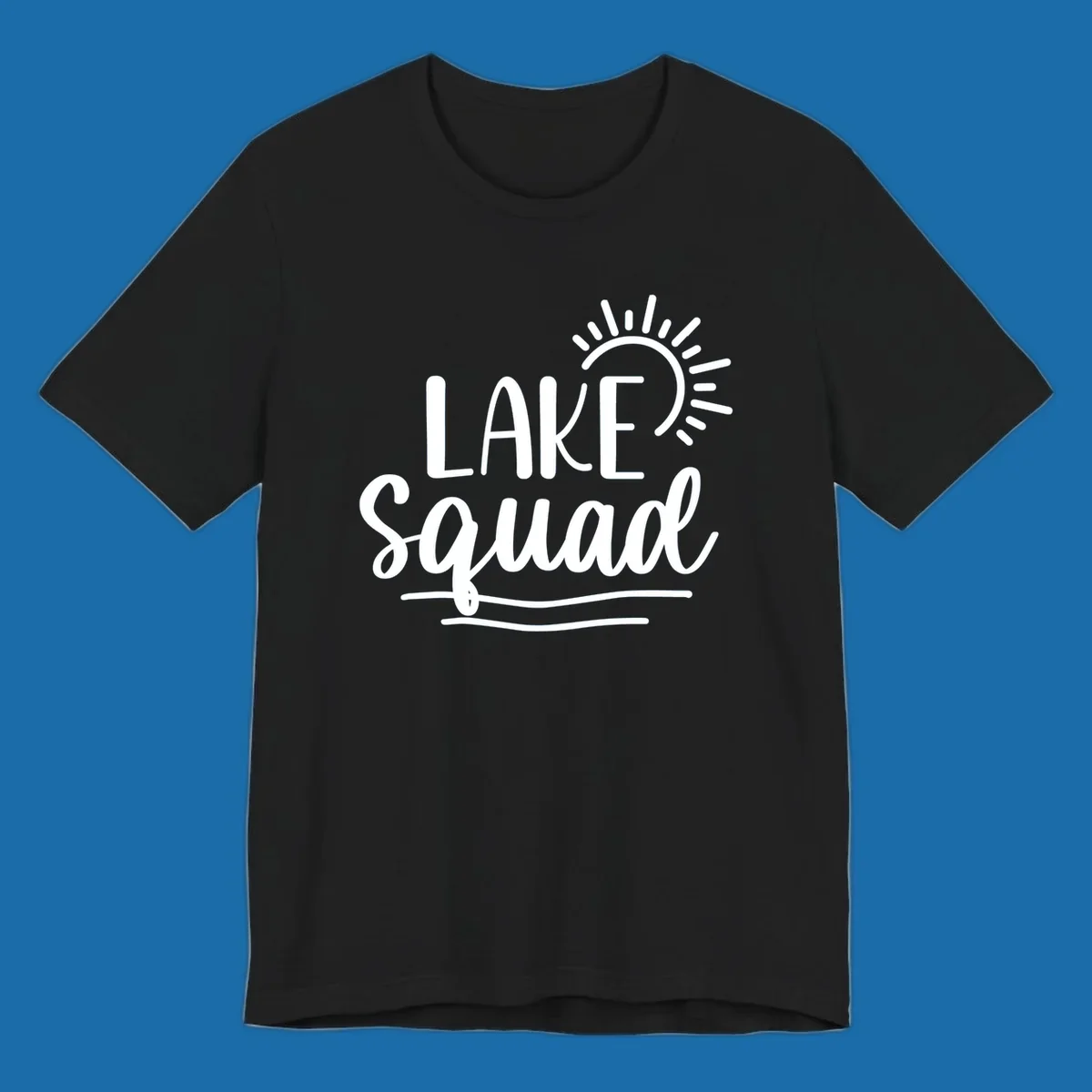 Lake squad summer vibes graphic with sun and text.