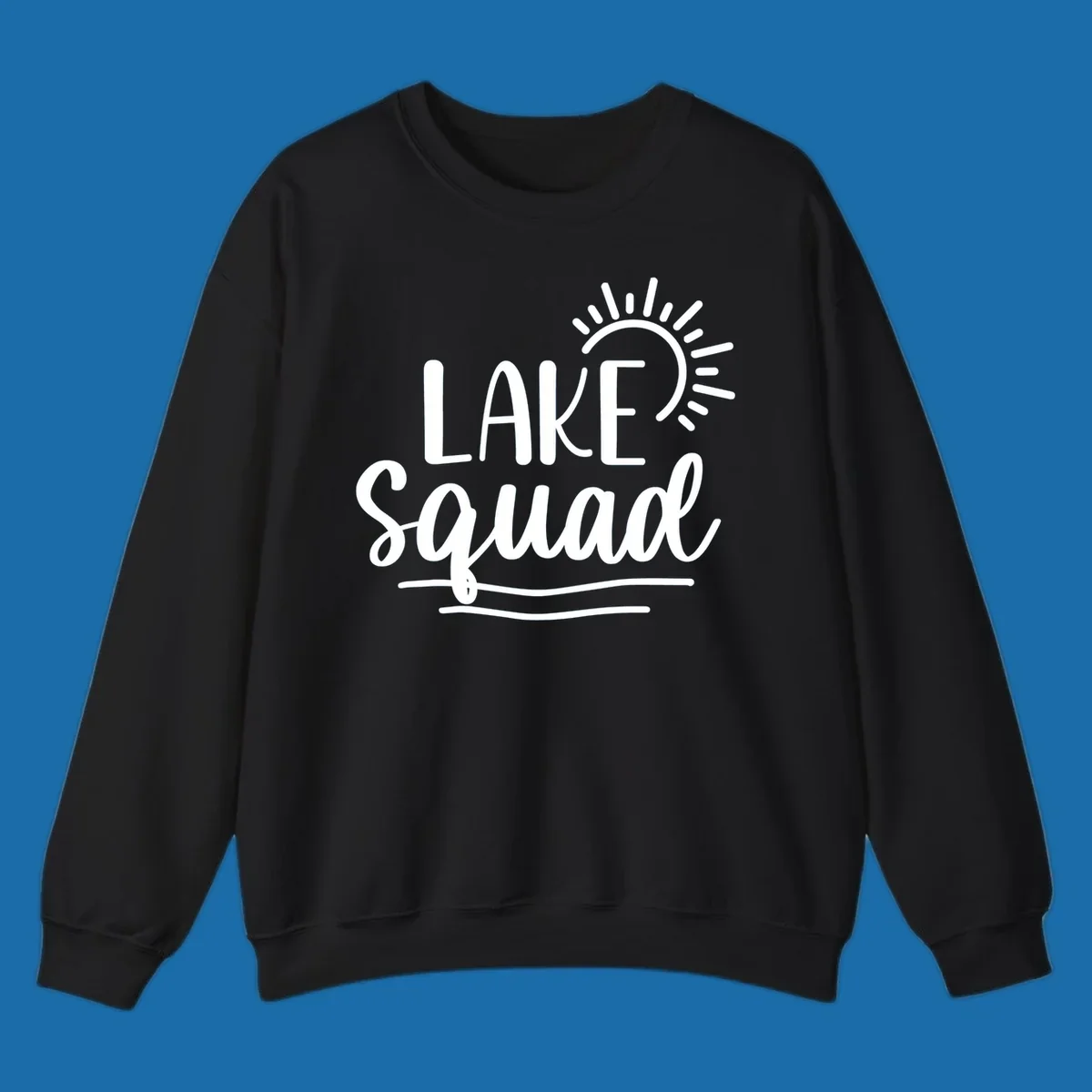 Lake squad summer vibes graphic with sun and text.