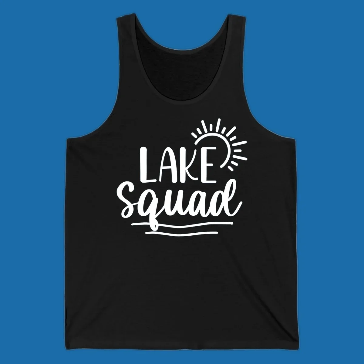 Lake squad summer vibes graphic with sun and text.