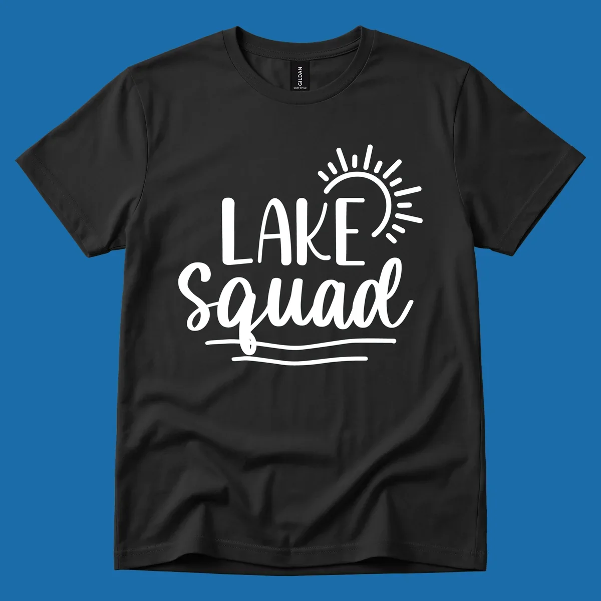 Lake squad summer vibes graphic with sun and text.