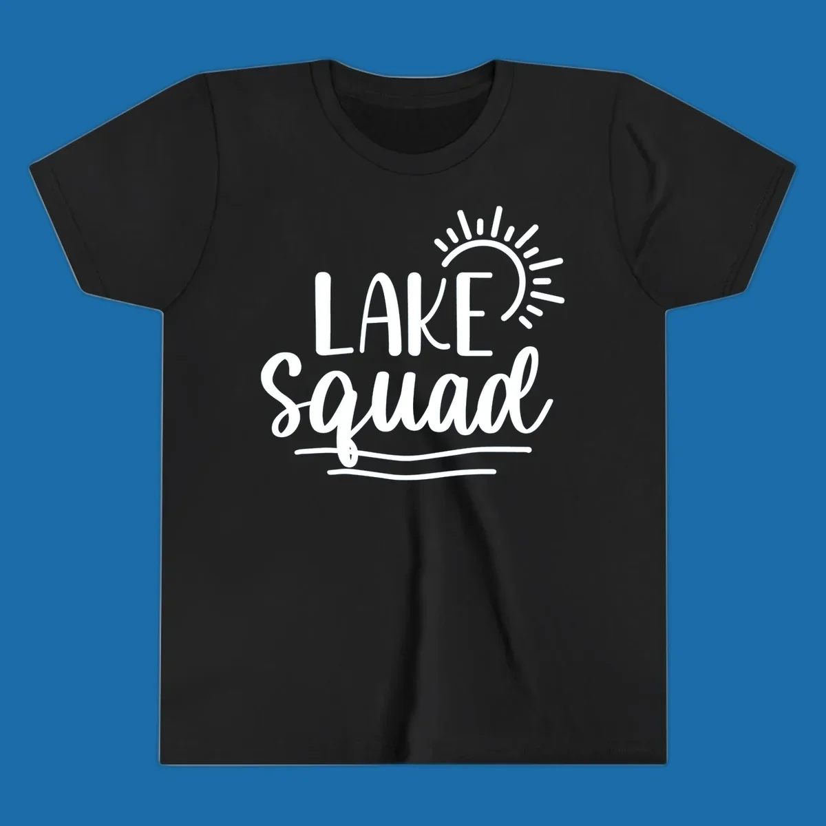 Lake squad summer vibes graphic with sun and text.