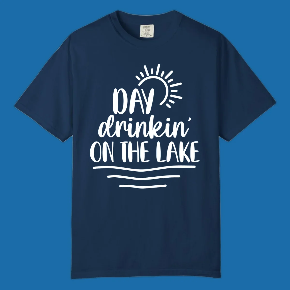 Day drinkin on the lake text with sun and waves graphic