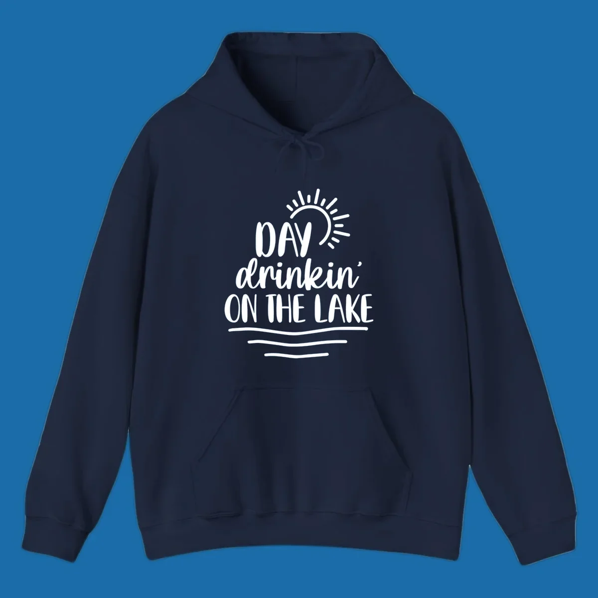 Day drinkin on the lake text with sun and waves graphic