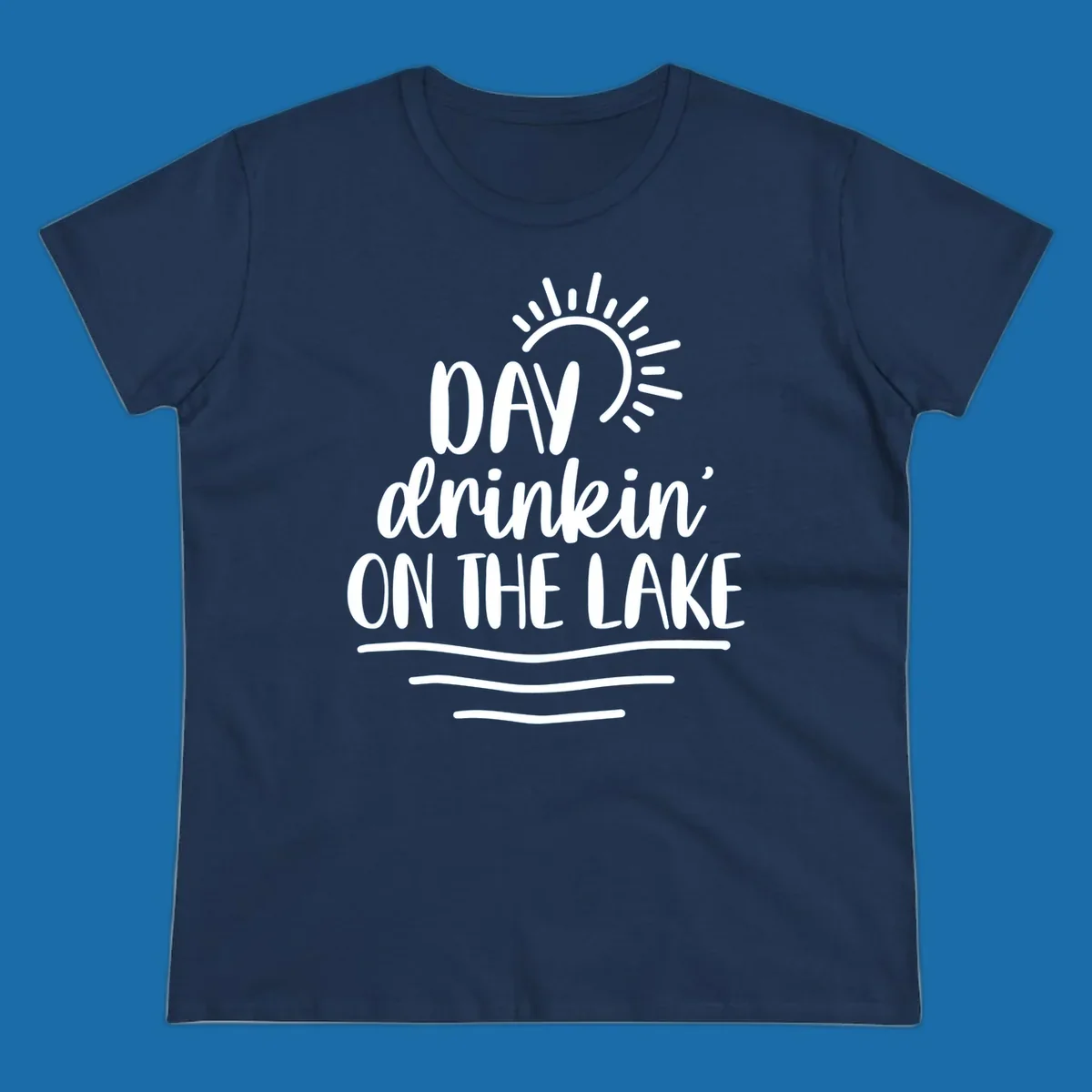 Day drinkin on the lake text with sun and waves graphic