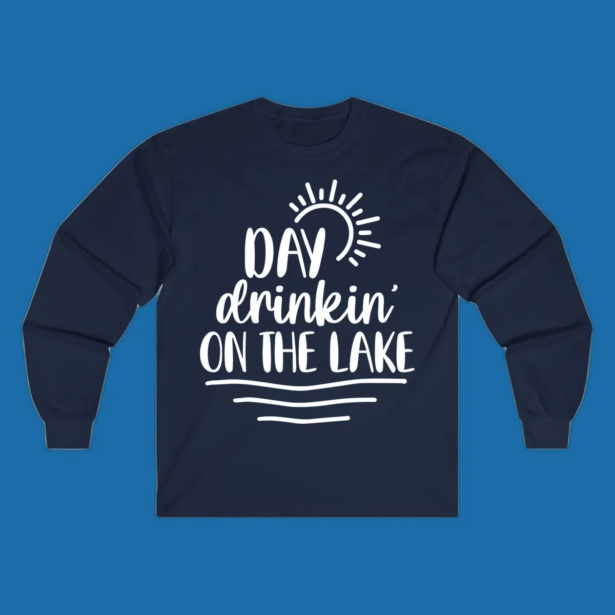 Day drinkin on the lake text with sun and waves graphic