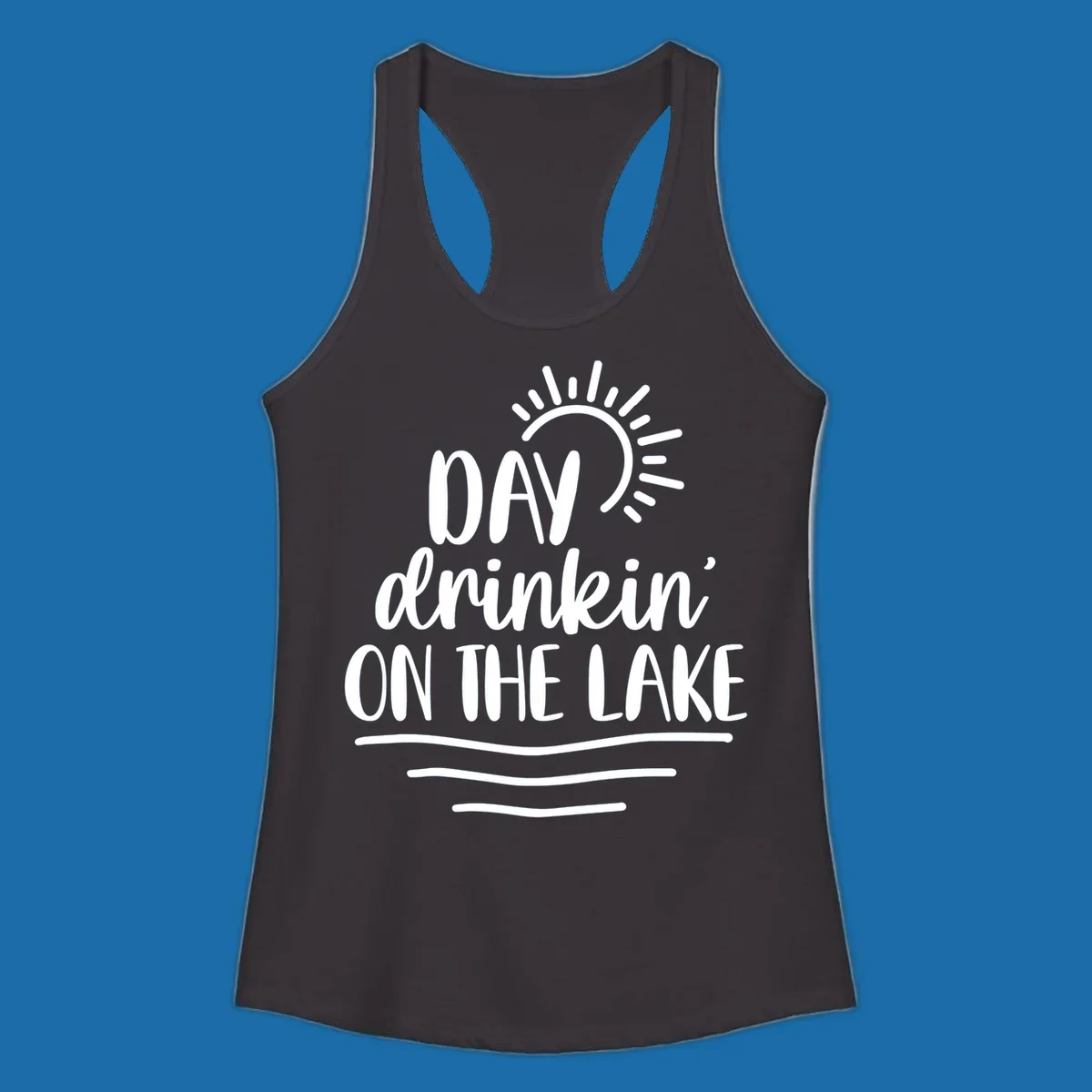 Day drinkin on the lake text with sun and waves graphic