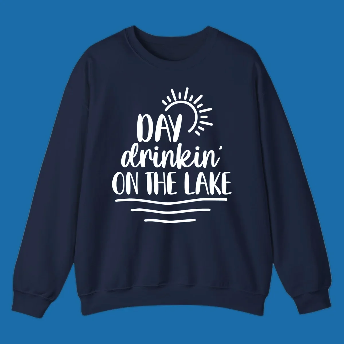 Day drinkin on the lake text with sun and waves graphic