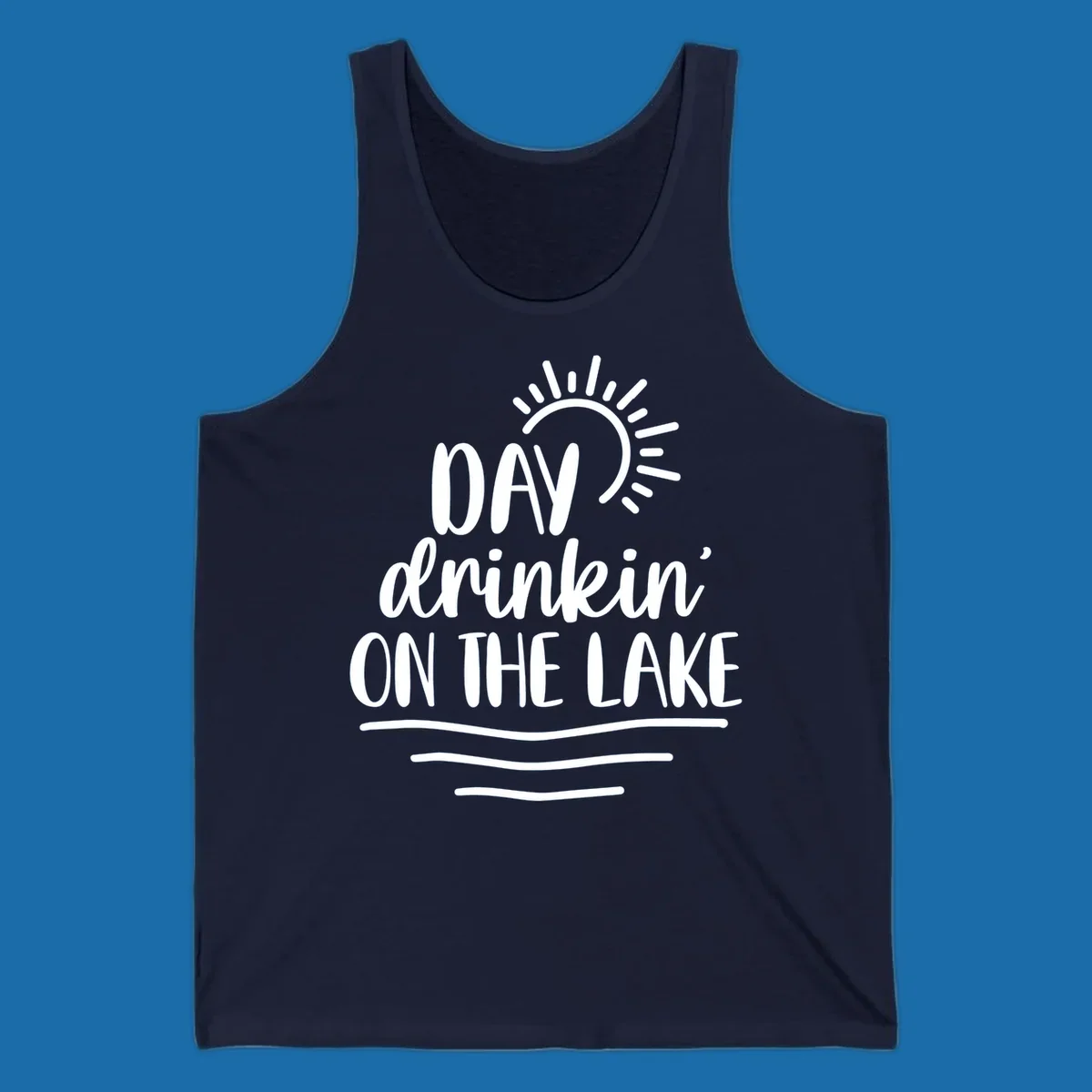 Day drinkin on the lake text with sun and waves graphic
