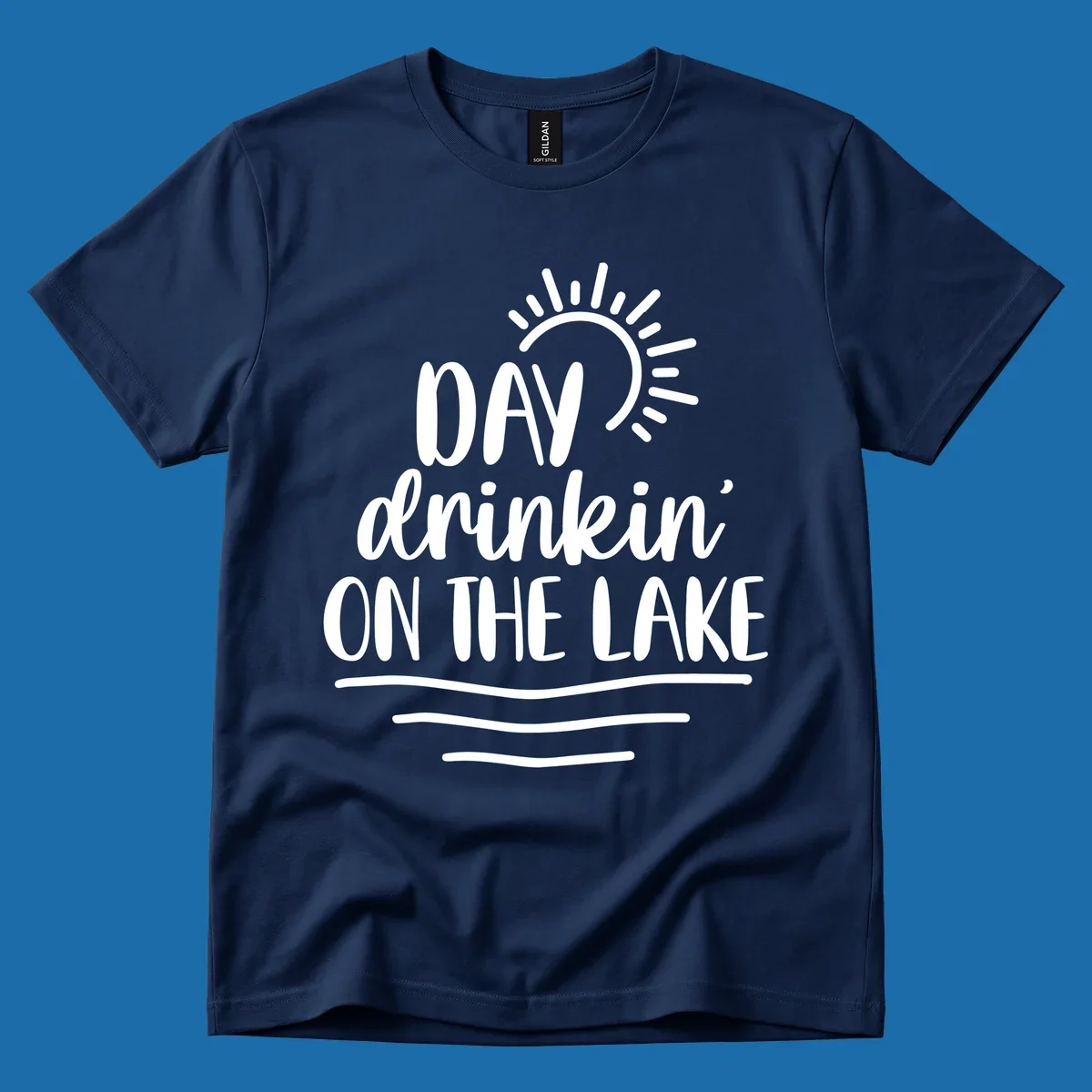 Day drinkin on the lake text with sun and waves graphic