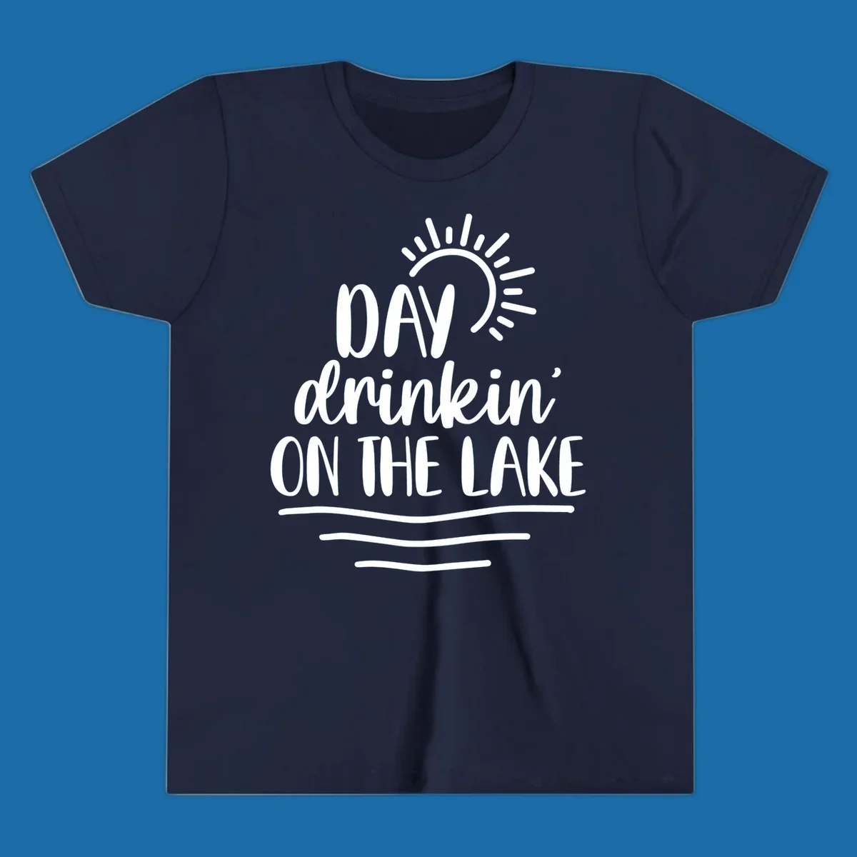 Day drinkin on the lake text with sun and waves graphic